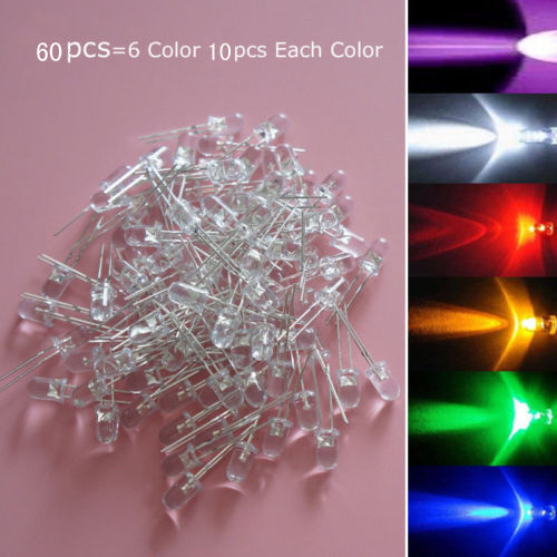 60pcs 5mm White Red Blue Green Yellow Purple LED Light Bulb Emitting Diode Lamp