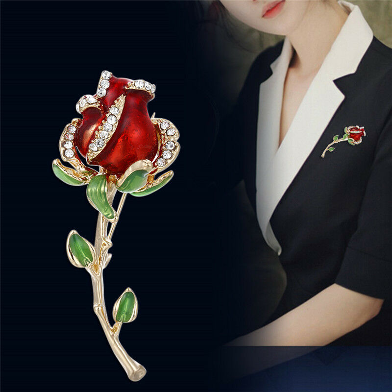 Rhinestone Enamel Red Rose BroochPin Flower Bouquet Brooch Wedding BridalG.l8