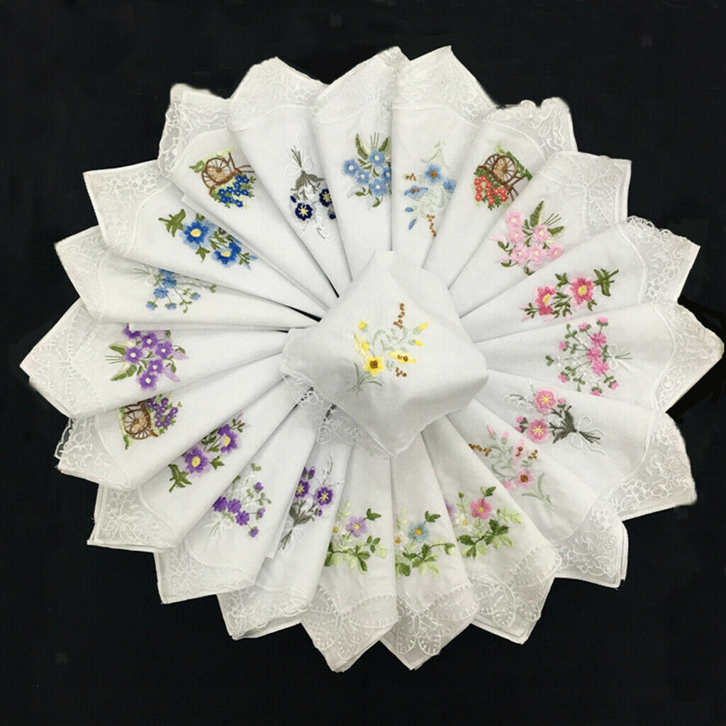 12pack Pure Cotton Embroidered Handkerchiefs Washable Floral Lace Hankie  ''