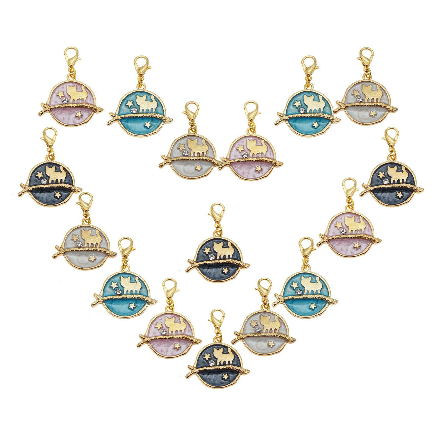 8pcs Mixed Round Alloy Star Cat Enamel Charm Lobster Clasp Jewelry Craft 26*35mm