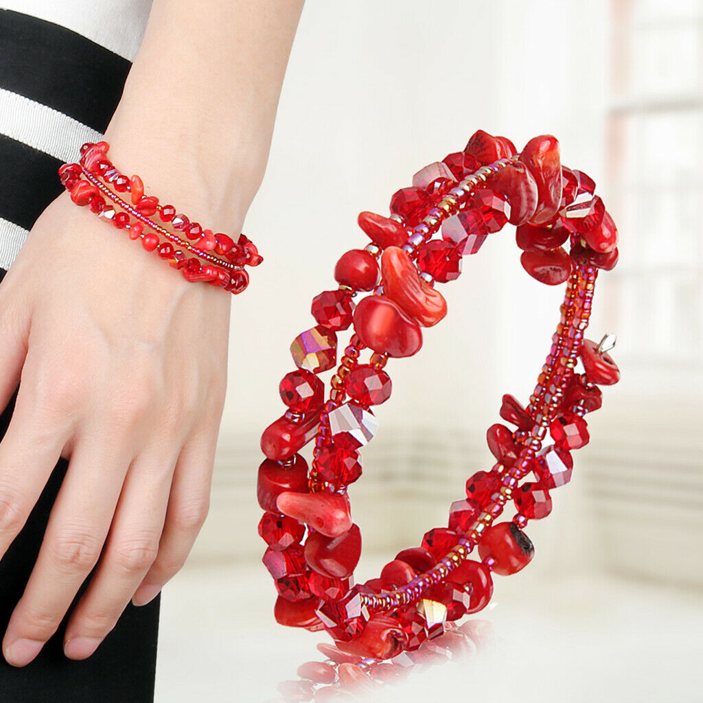 Adjustable 3 Rings Handmade Natural Crystal Bracelet Wrap Wristband Red