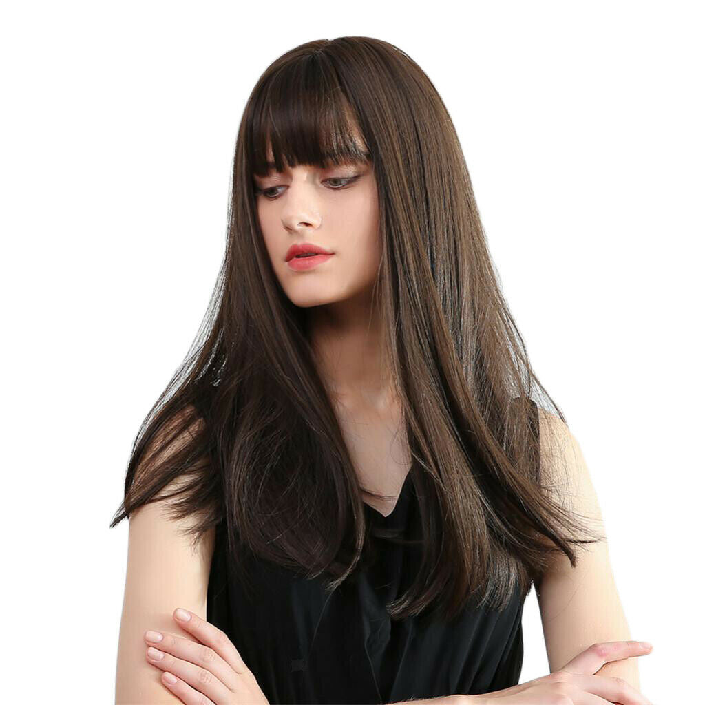 20inches Lady Heat Resist Wigs With Bangs Costume Daily Party Wig Dark Brown
