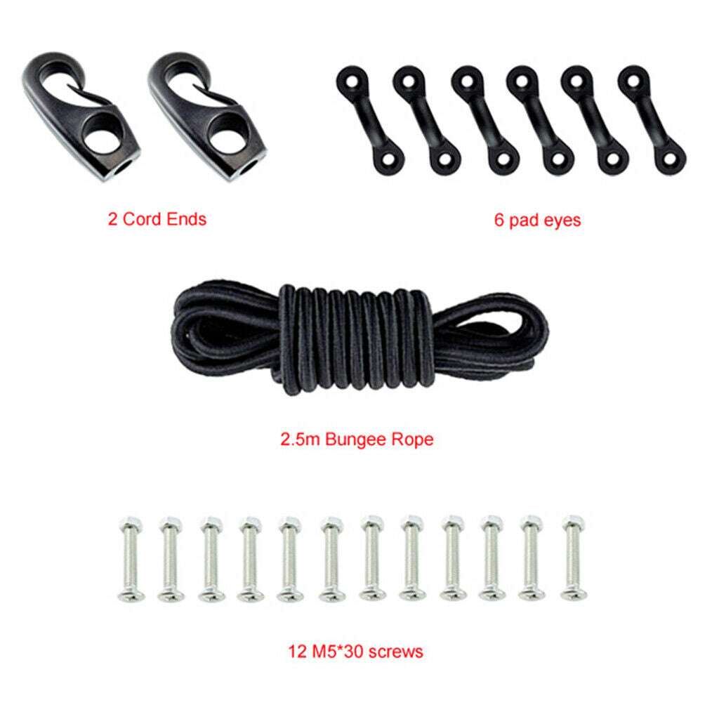 Marine Kayak Boat Bungee Kit Bow &Stern Tie Downs 8ft Rope Nylon Pad Eyes Screws