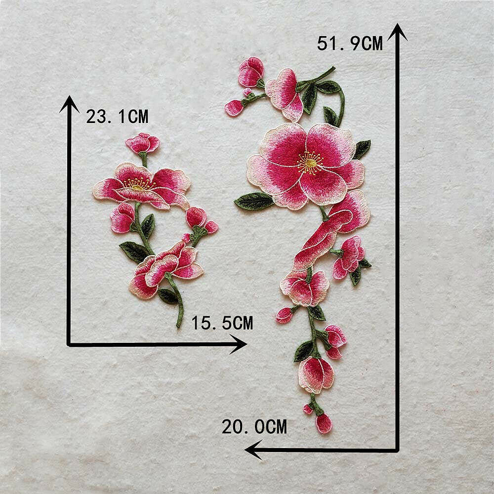 2X Embroidered Patches Peach Blossom Sew on Collar Applique Clothing Badge Decor