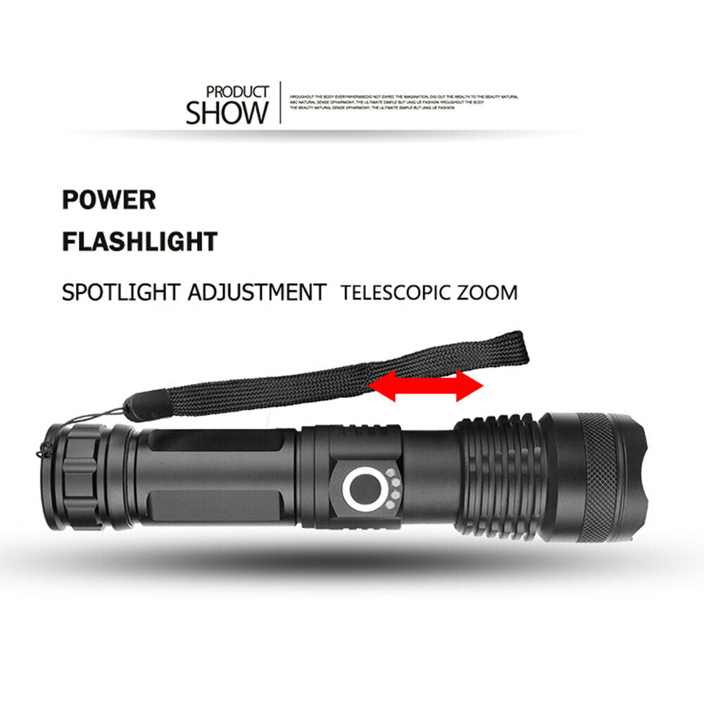 Bright XHP50 LED Flashlight USB Rechargeable Zoom Torch Light Outdoor Lamp