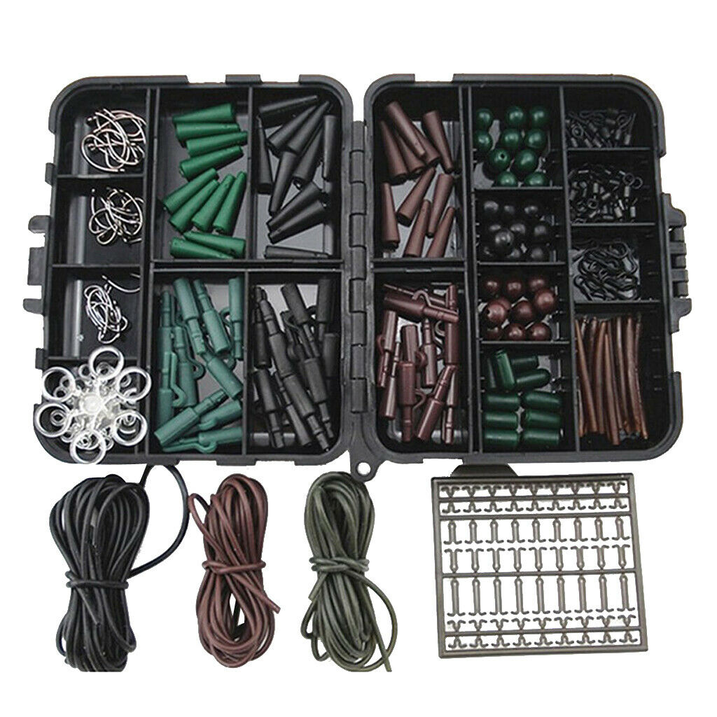 Carp Fishing Hair Rigs Set Clips Hooks Rubber Tubes Swivels Beads Tackle Box