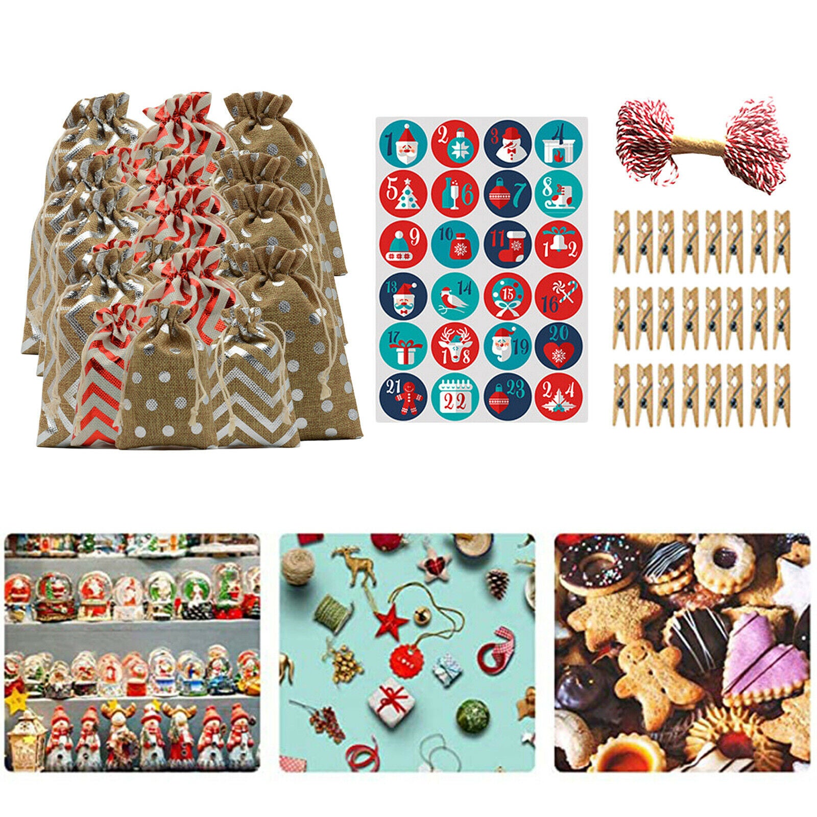 Set of 24 Christmas Advent 24 Days Burlap Countdown Candy Gift Bags 10x14cm