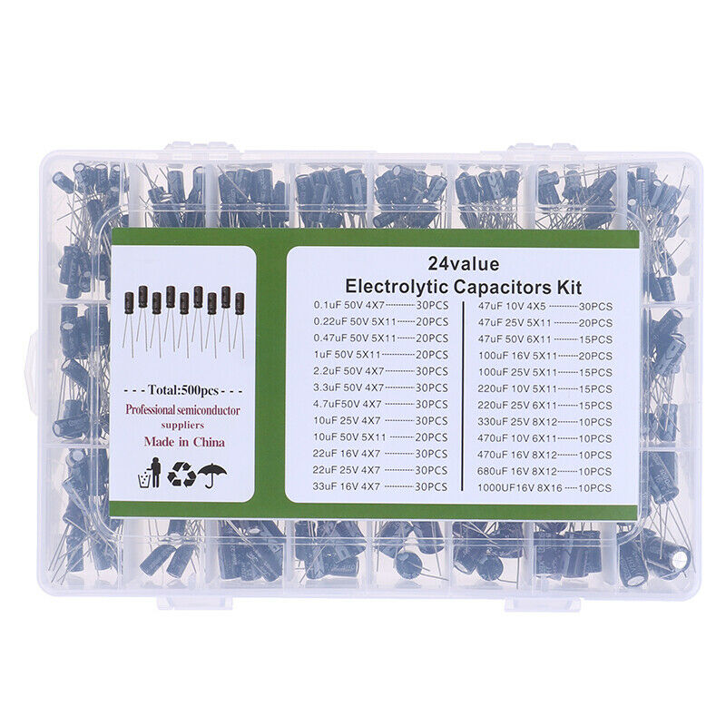 500Pcs 0.1-1000UF 24Values Aluminum Electrolytic Capacitors 16-50V CapacitoY1