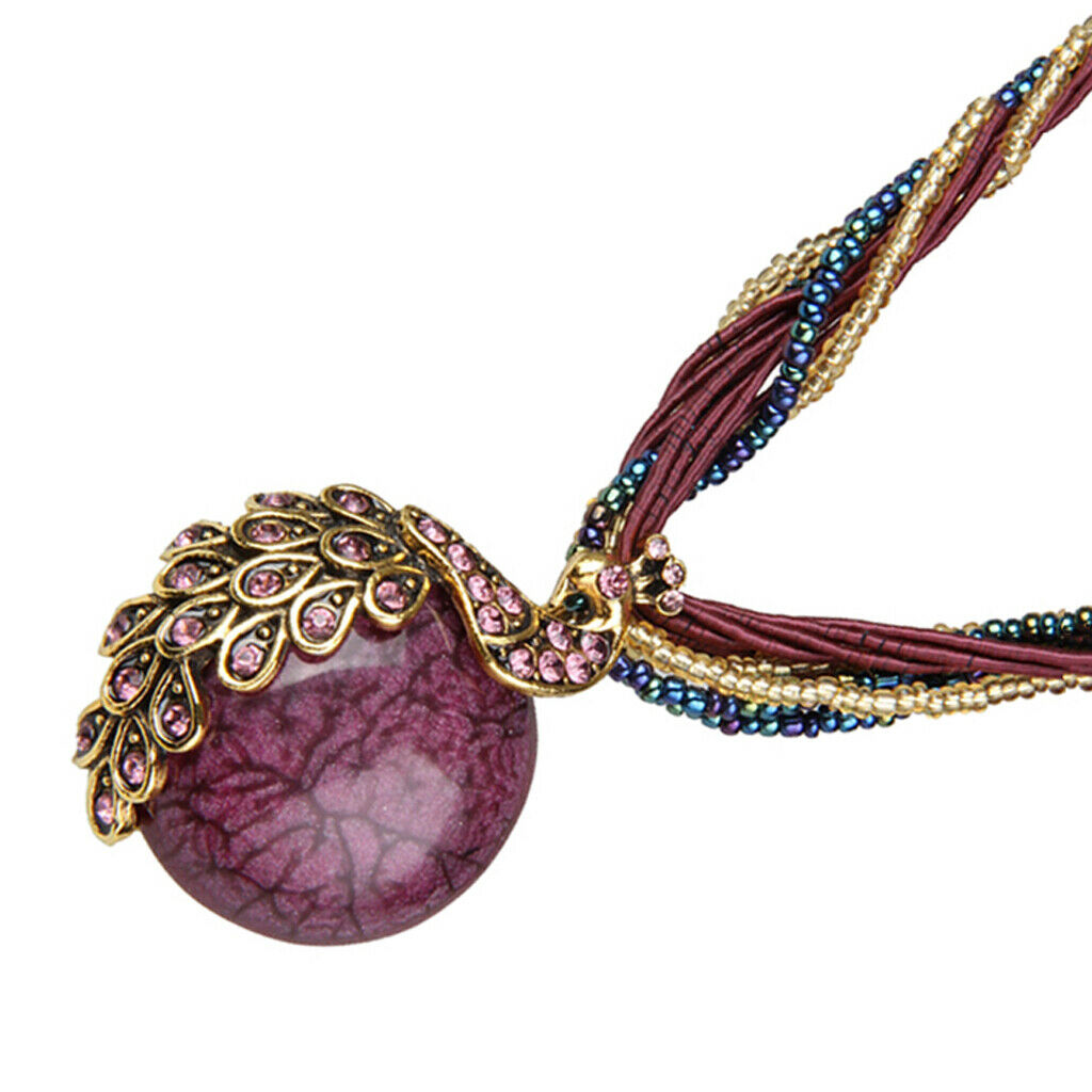 Bohemian Opal Necklace with Phoenix Peacock Pendant Jewel Accessory  Purple