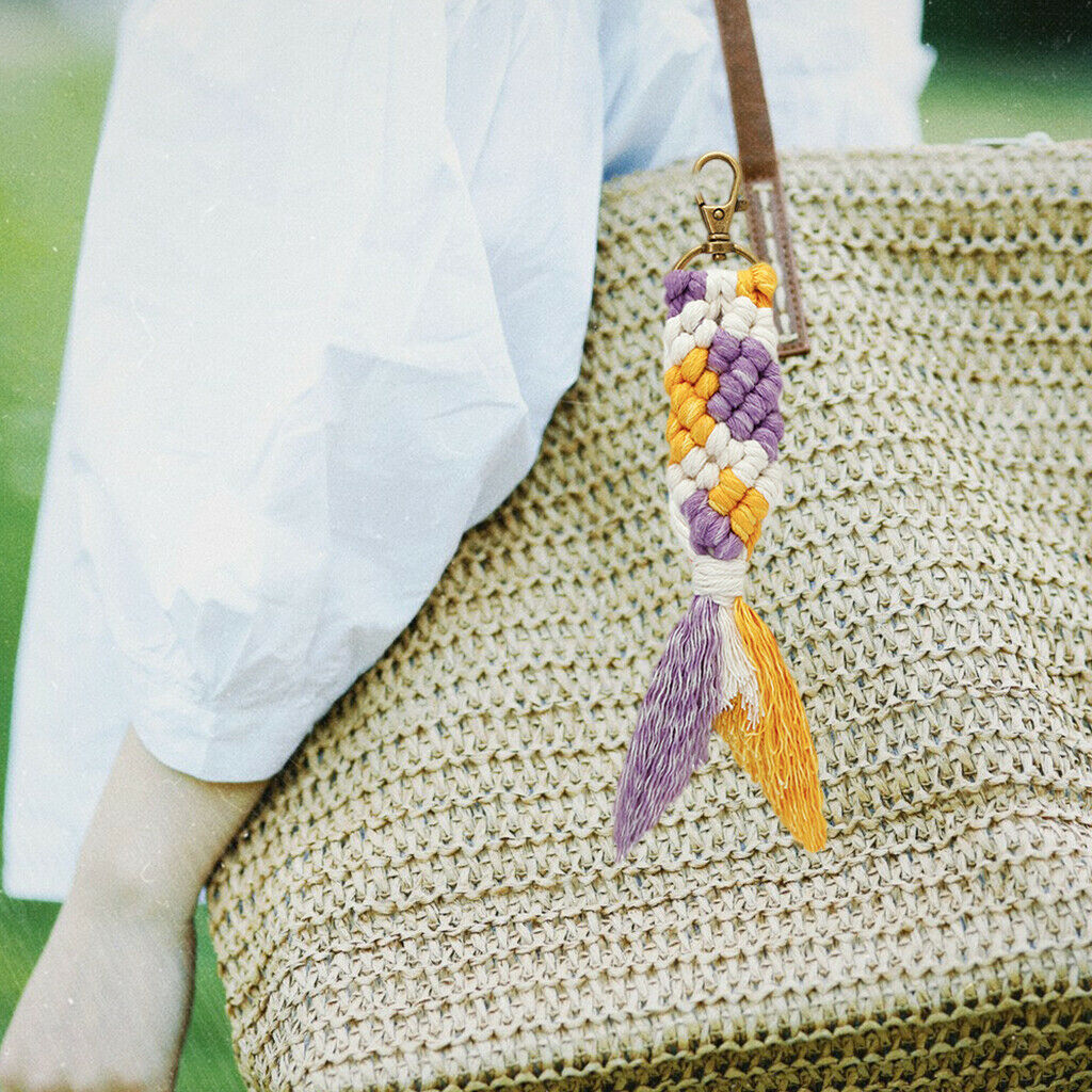 Macrame Keychain Lobster Clasp for Car Key Purse Clothing Purple Yellow