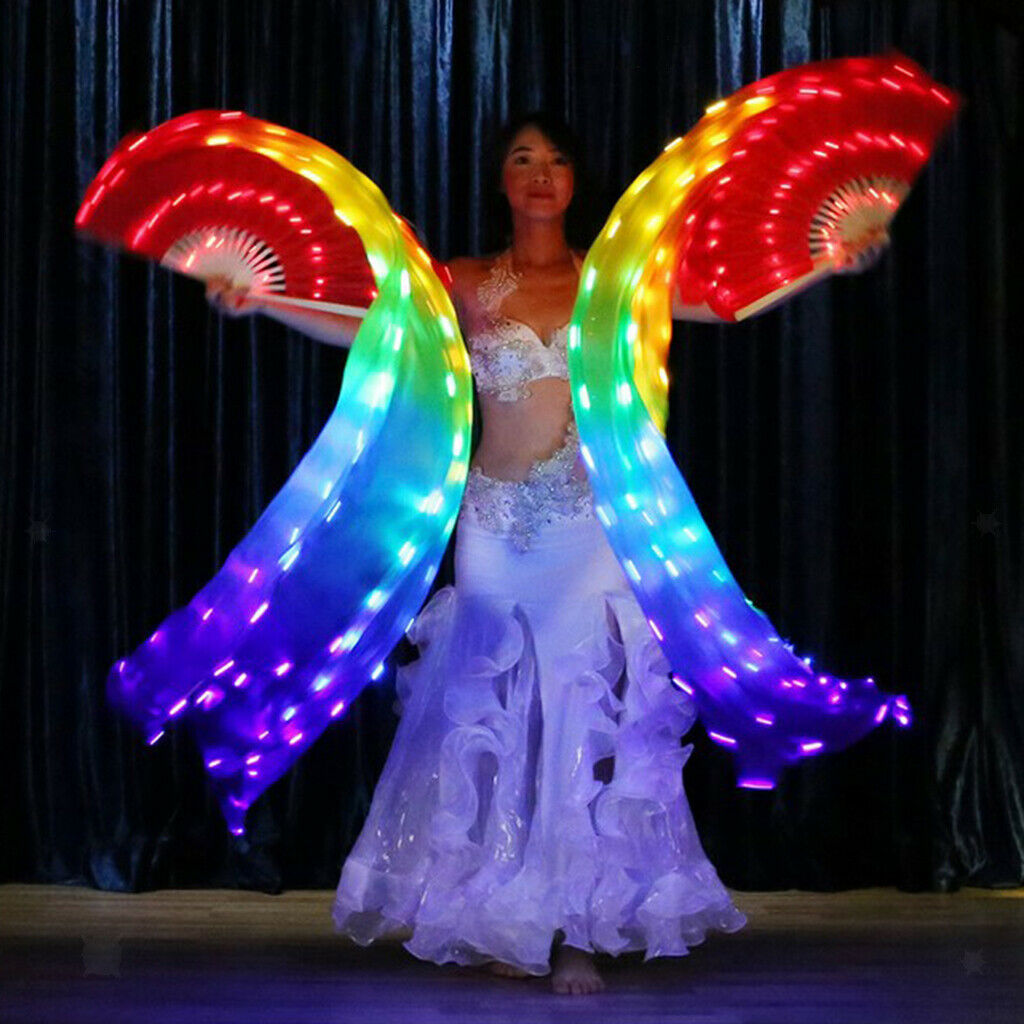 Rechargeable 100% Real Silk LED Belly Dance Fan Veils Stage Dancing Props