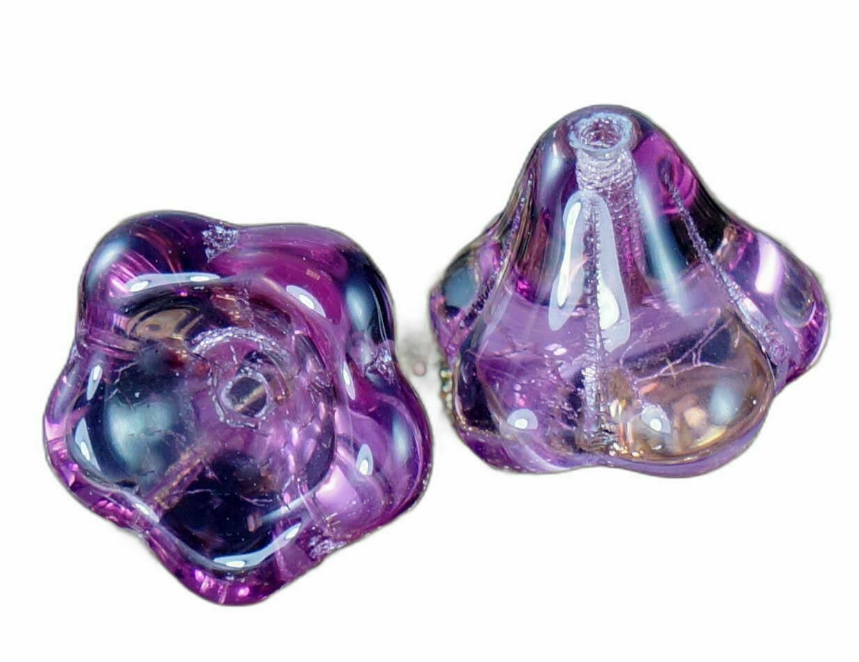 Large Clear Purple Bell Flower Czech Glass Beads Bohemian 11mm x 13mm 6pcs
