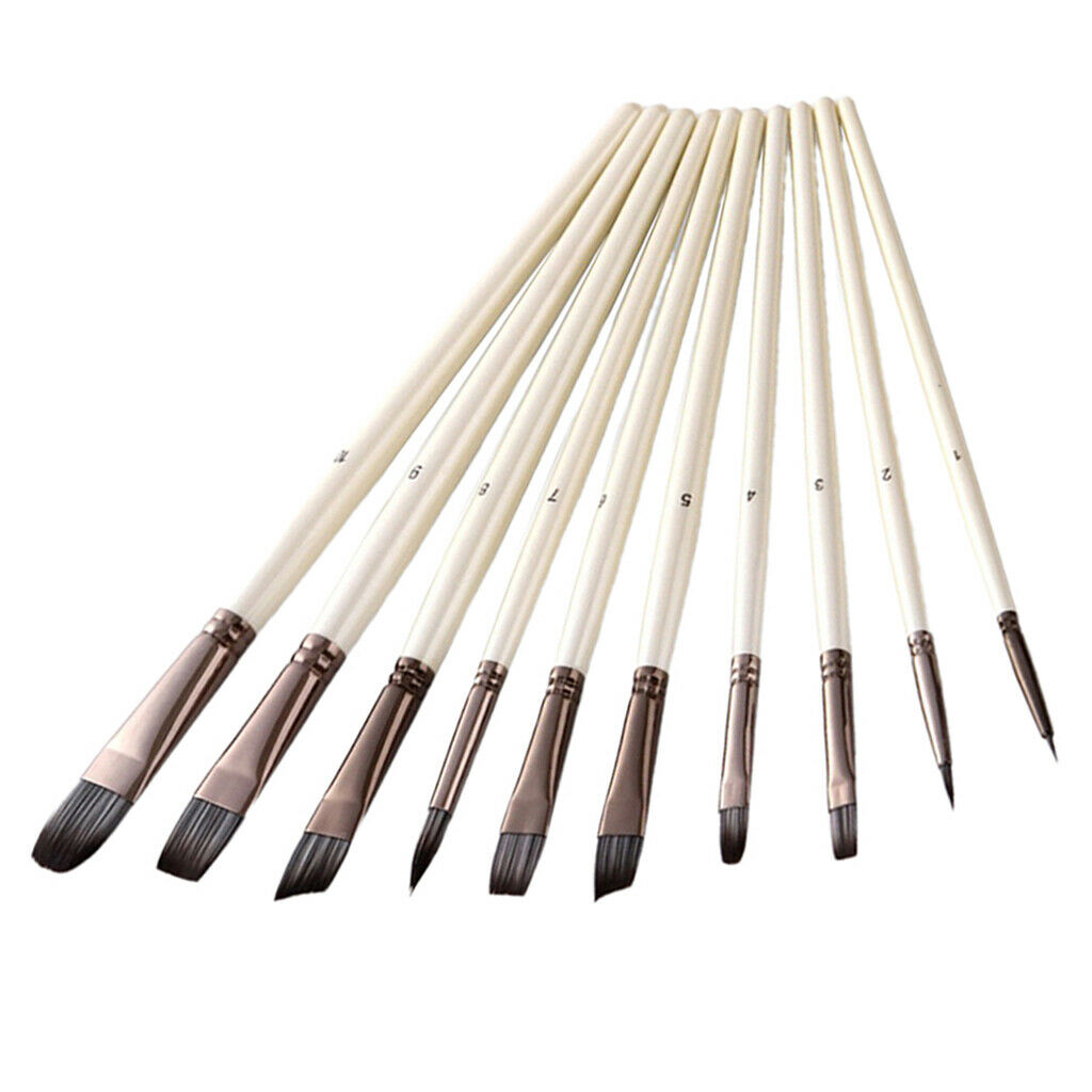10x Artist Paint Brush Set Nylon Bristle Fine Tip Pointed Flat Painting Brushes
