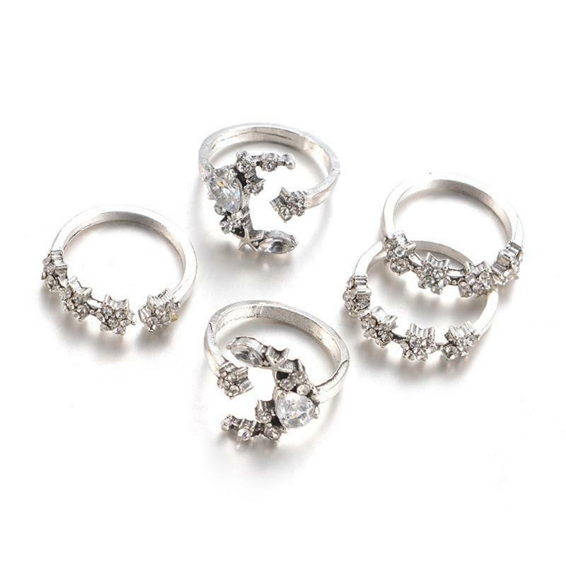 5PCS Shiny Crystal Moon Star Fully Inlaid Cubic Zircon Finger Knuckles Ring Set