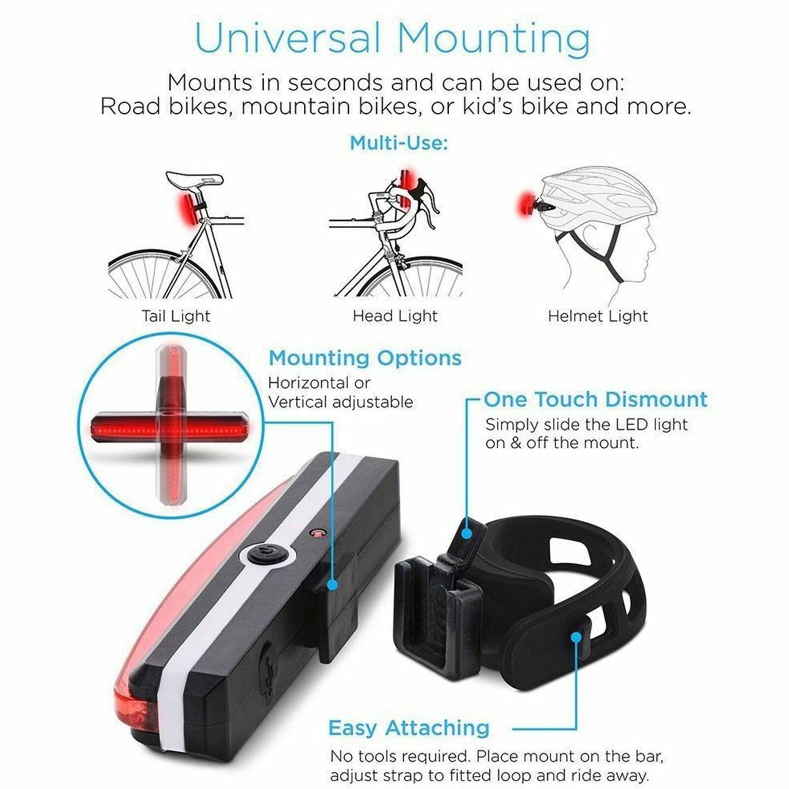 USB Rechargeable Bicycle Tail Light Rear LED Helmet Cycling Safe Flashlight