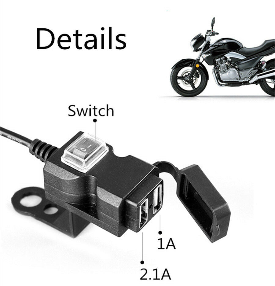 Dual USB 3.1A 12V Motorcycle Handlebar Phone Power Charger Outlet with Switch