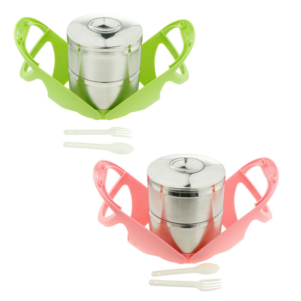 Portable Stainless Steel Insulated Lunch Box Food Compartments Pink-2 Tier