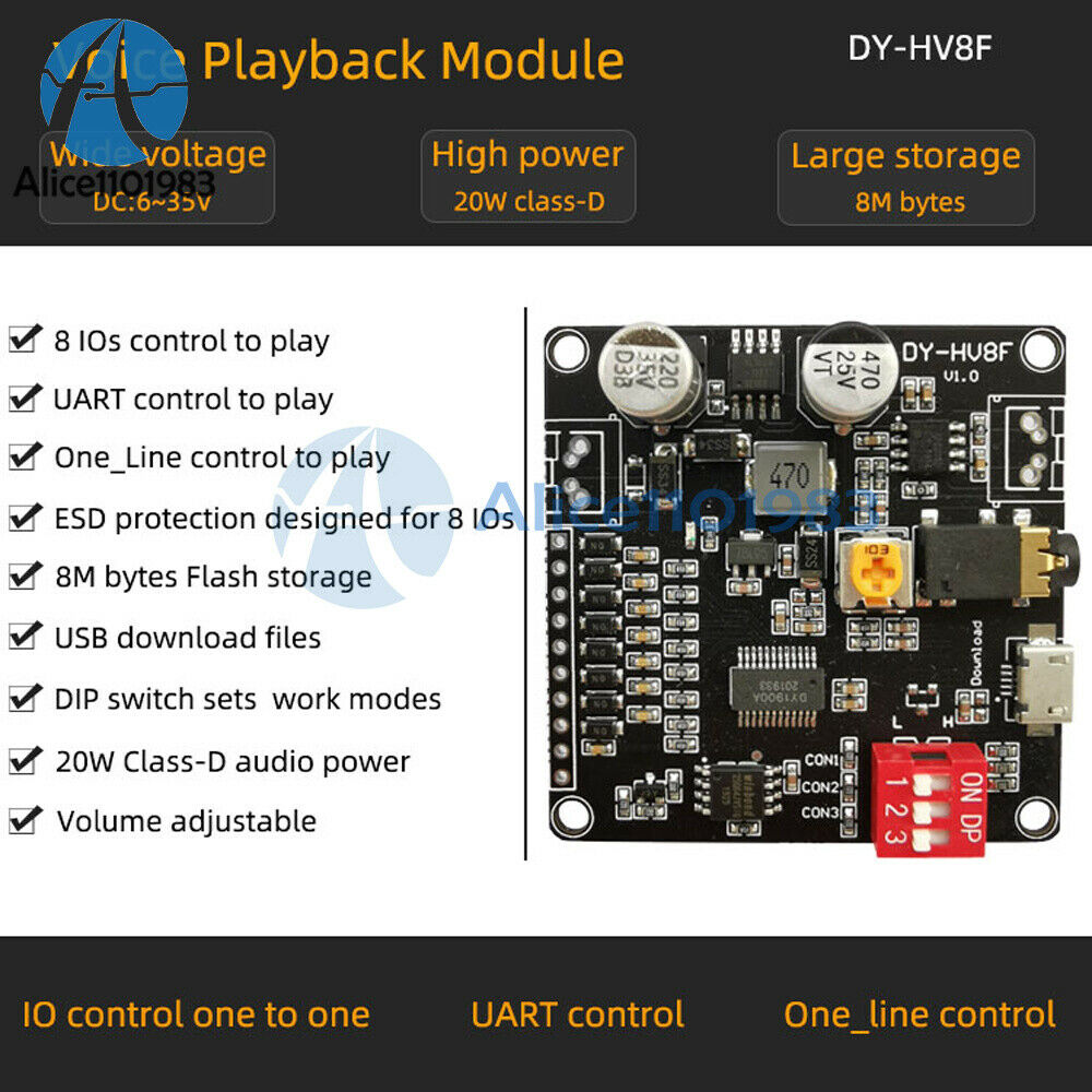 12V/24V Power Supply 10W/20W Voice Playback Module w/ 8M Byte Flash MP3 Player