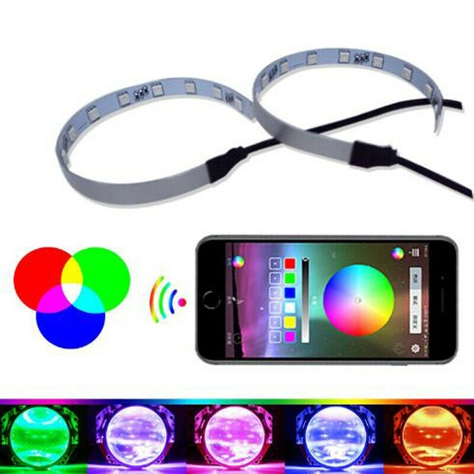 Bluetooth Remote Control RGB LED Demon Eye Halo Ring Headlight Projector Lens