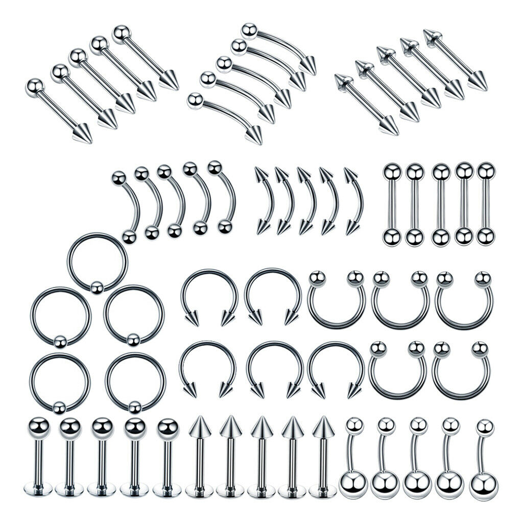 60 Pieces Nose Lip Tongue Eyebrow Tragus Navel Belly Ring Piercings 8mm