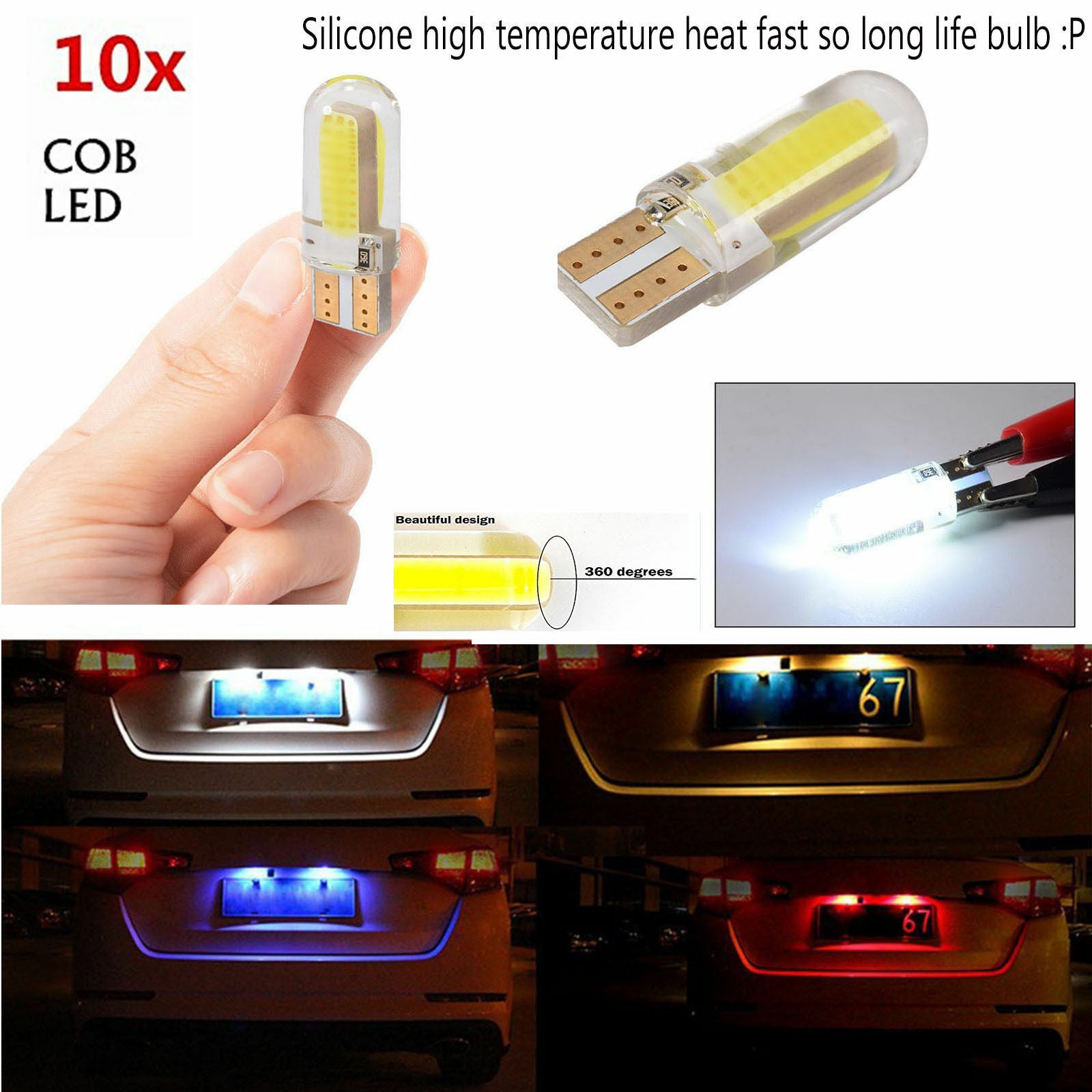 10pcs/kit LED T10 194 168 W5W COB 8SMD CANBUS Silica White License Light Bulbs