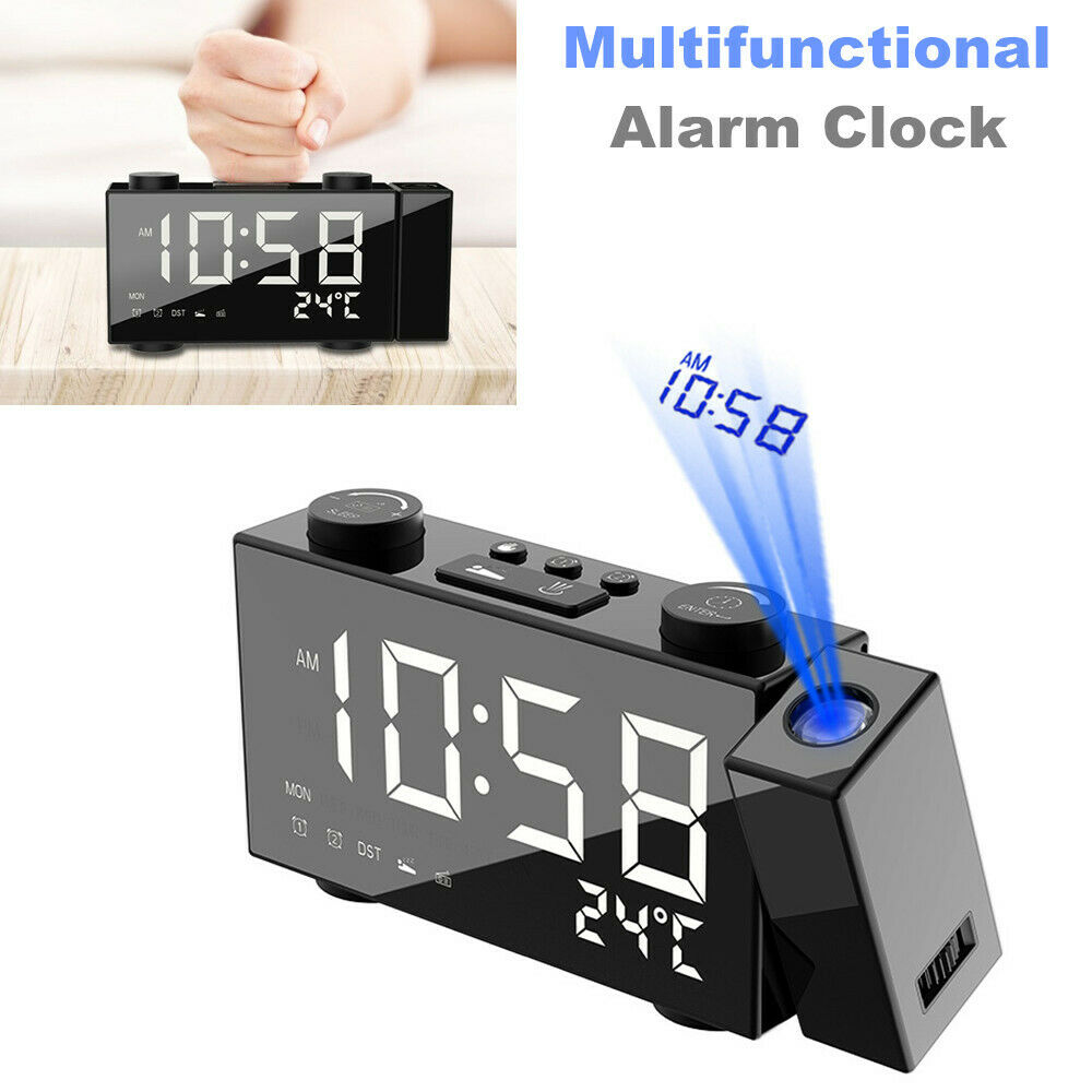 Alarm Clock 180Â° Rotating LED Projection Time Display Temperature Loud FM Radio