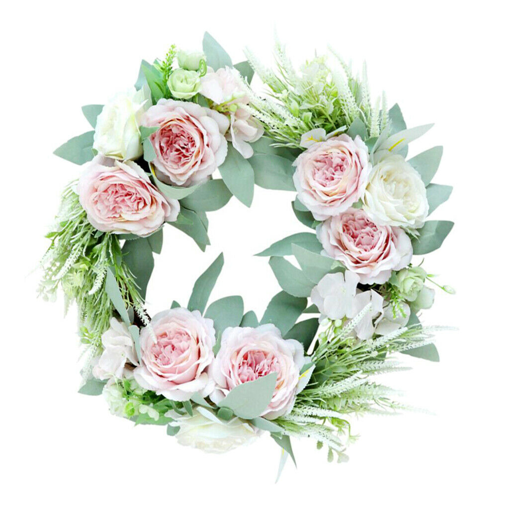 Artificial Flower Front Door Wall Wreath Garland Rose Wreath 45cm Pink