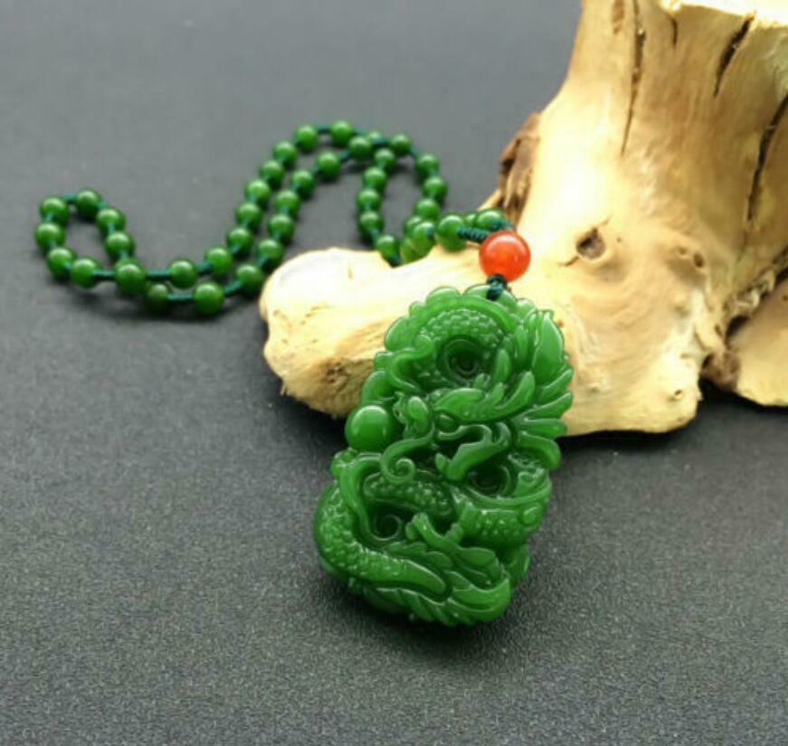 Natural Green Hand-carved Chinese Hetian Jade Pendant - Dragon - Free Necklace