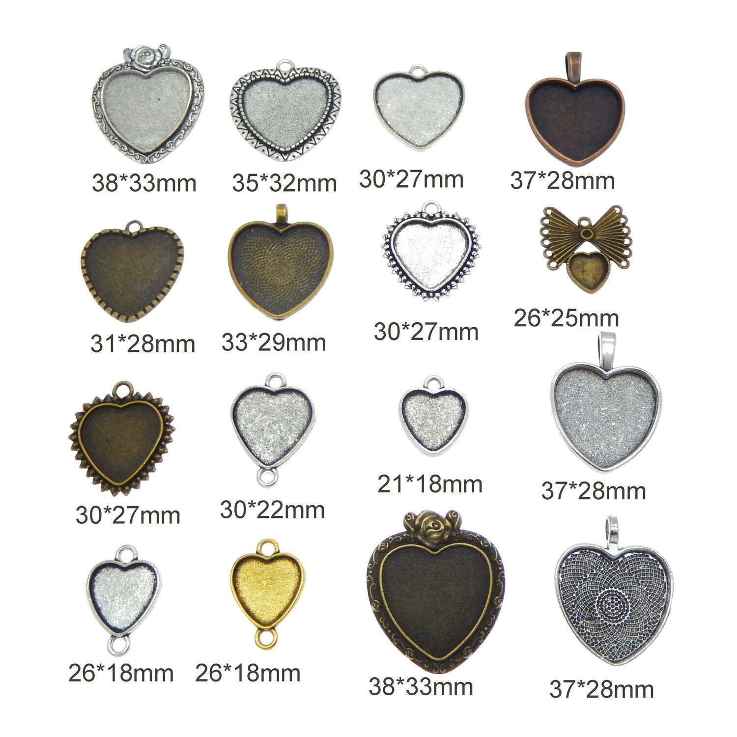 9 Mix Retro Alloy Base Settings Heart Pendant Tray Bezel Frame Charm DIY Crafts