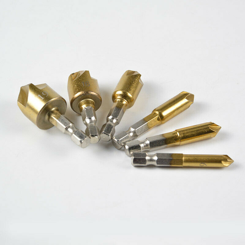 New 6Pcs/Set 90Â°Hex 5 Flute Drill Bit Set 6-19mm Counter Sink Chamfer Cutter