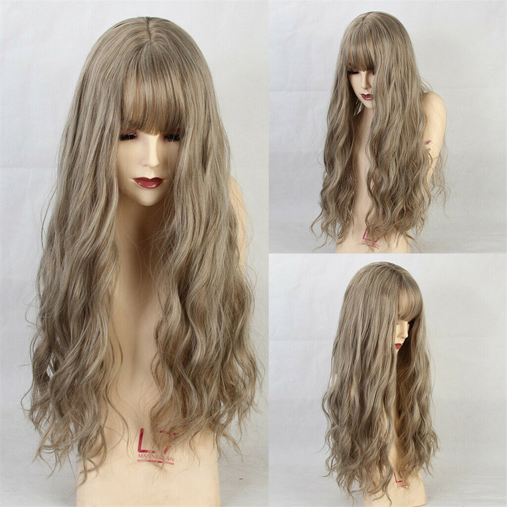 Women Long Wavy Light Brown Wigs with Bangs Heat Resistant Synthetic Fiber