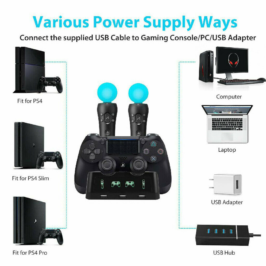 4-in-1 Controller Charger Dock Stand w/ LED Light For PS4/MOVE/PS4 VR New