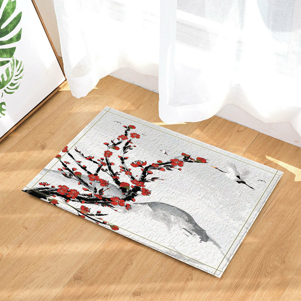 Japanese Style Cherry Blossoms and Cranes Bath Mat Bathroom Bedroom Rug door