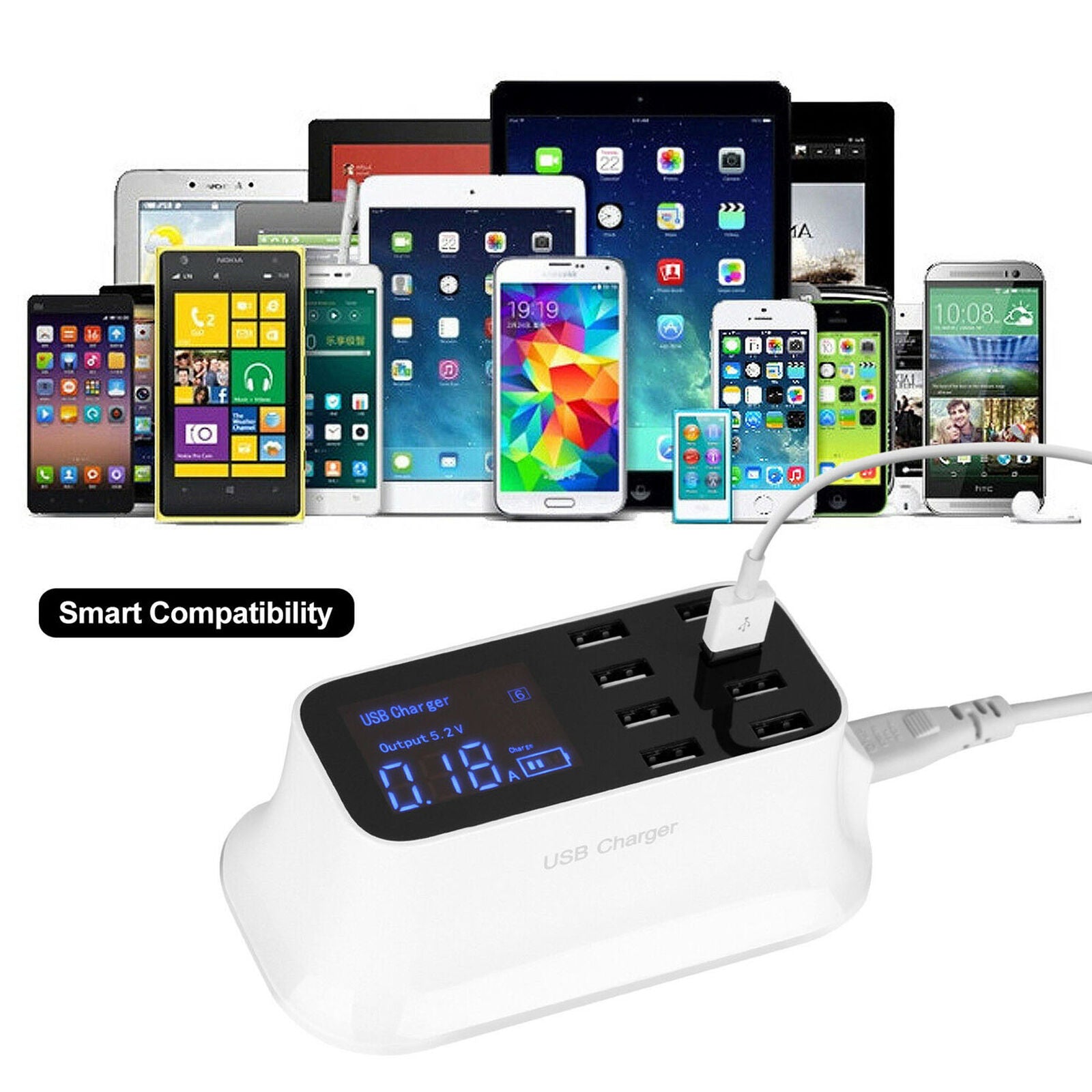 8 Multi-Port USB Adapter Desktop Wall Charger Smart LCD Display Charging Station