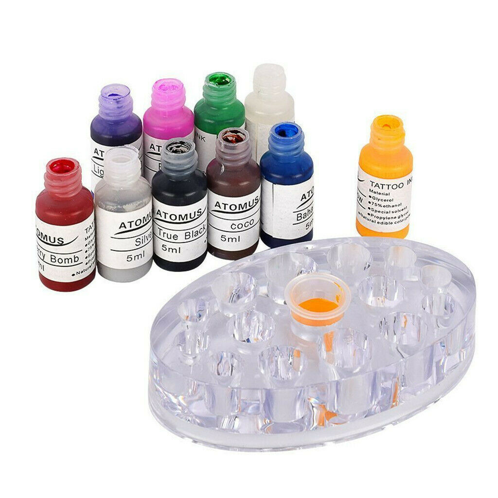 10 Color 5ml Tattoo Ink Pigment Cups Caps Holder Rack Stand Permanent Makeup