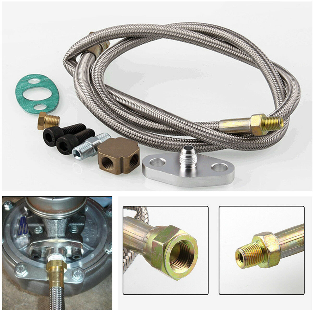 Oil Feed Line Adapter Kit For T3 Turbo Turbocharger Stainless steel Braided Tube