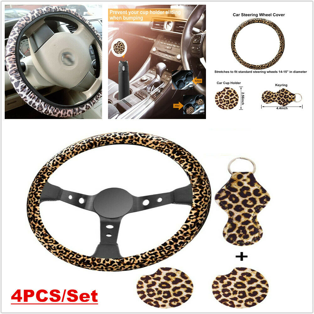 4PCS/Set Leopard Print Auto Car Steering Wheel Cover + keychain Cover + Coaster