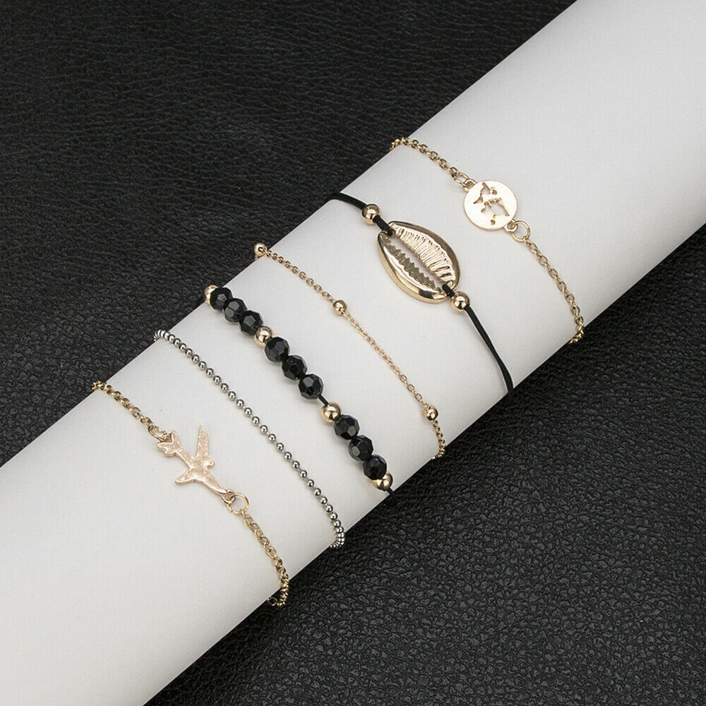 6 Pcs Fashion Women Boho Shell Airplane Beads Map Chain Bracelet Bangle Jewelry
