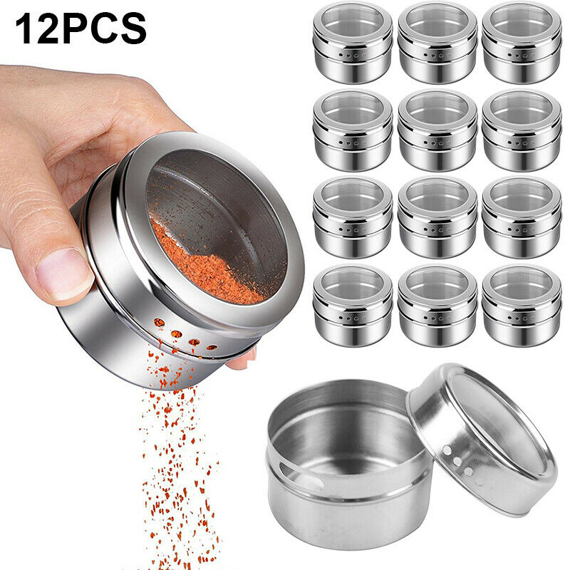 12pcs Magnetic Stainless Steel Spice Herb Tin Jar Seasoning Storage NonSlip Base