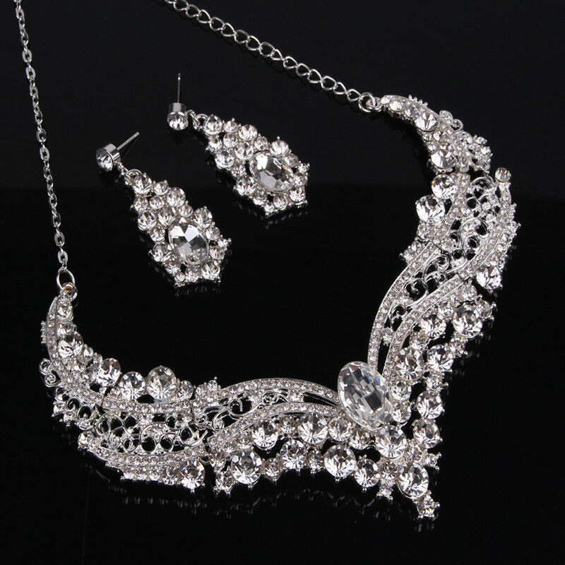 Women Jewelry Sets Wedding Party Bride Crystal Rhinestone Necklace Earrings Tt