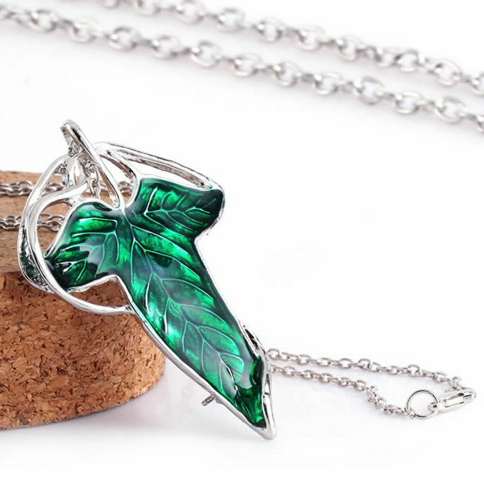 Retro Fine Lord of The Rings Green Leaf Elven Pin Brooch Pendant Chain Necklace