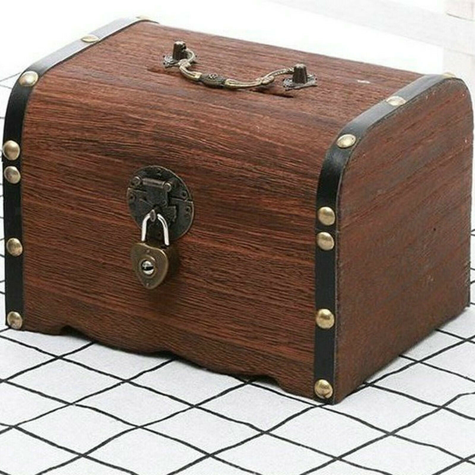 Rustic Wooden Treasure Chest Retro Money Storage Box Bedroom Piggy Bank