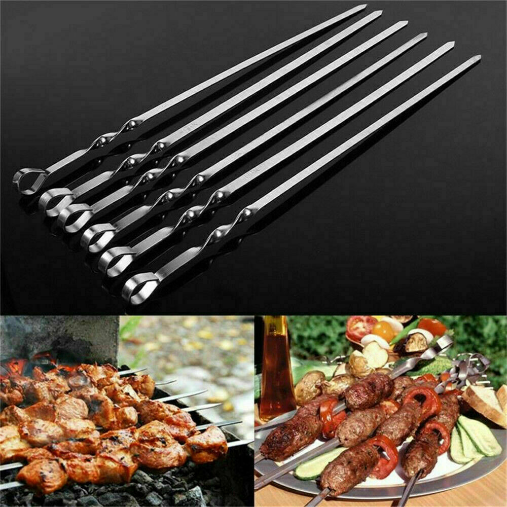 12PCS Kabob Skewers Flat Metal BBQ Barbecue Skewer Stainless Steel Shish Skewers