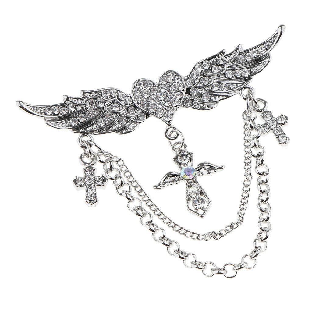 2 Pieces Rhinestone Flying Wings Heart Cross Chain Tassel Pin Collar Brooch