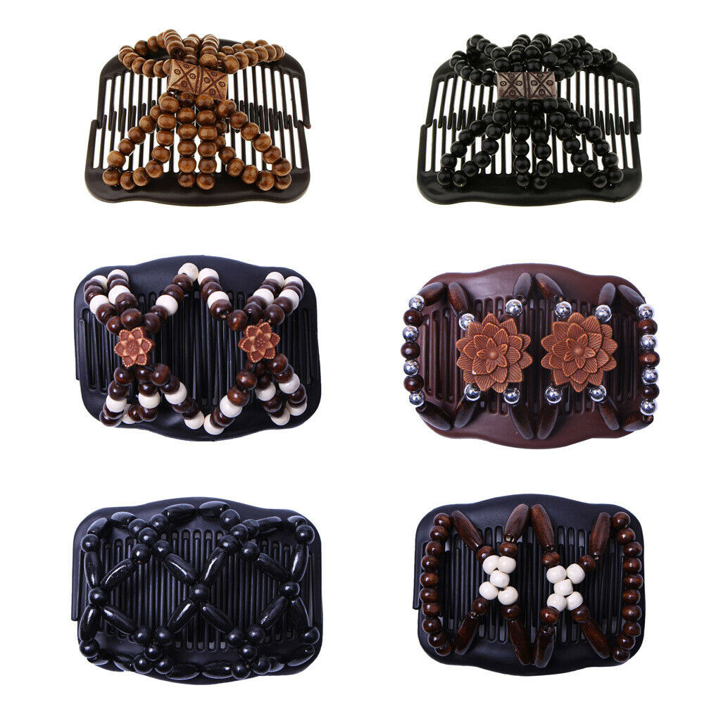6pcs Double Side Wooden Bead Hair Slide Comb Clip Elastic Hair Accessories