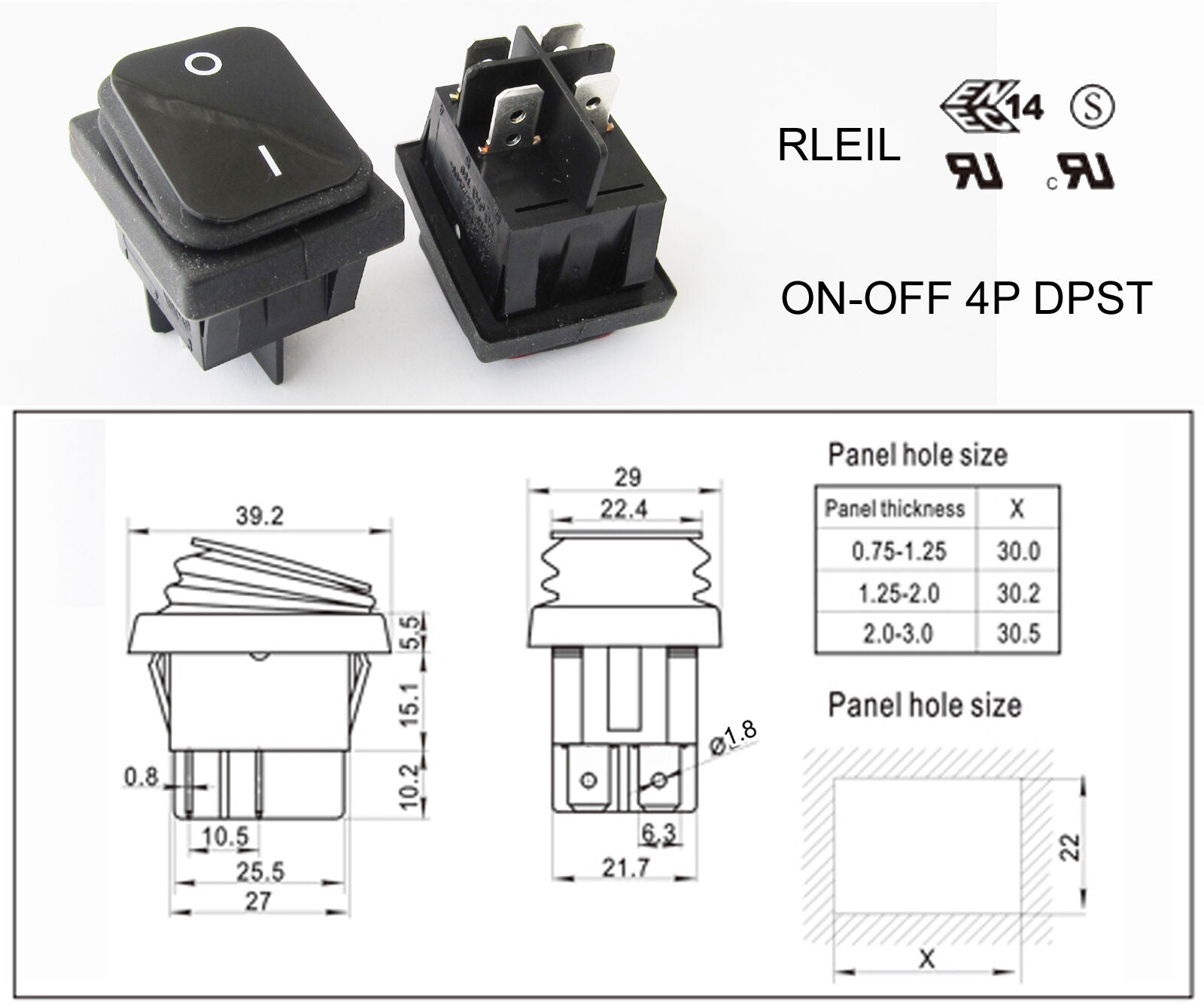 Black RLEIL RL2(P) Waterproof IP65 ON/OFF Boat Car Rocker Switch 16/10A 125/250V