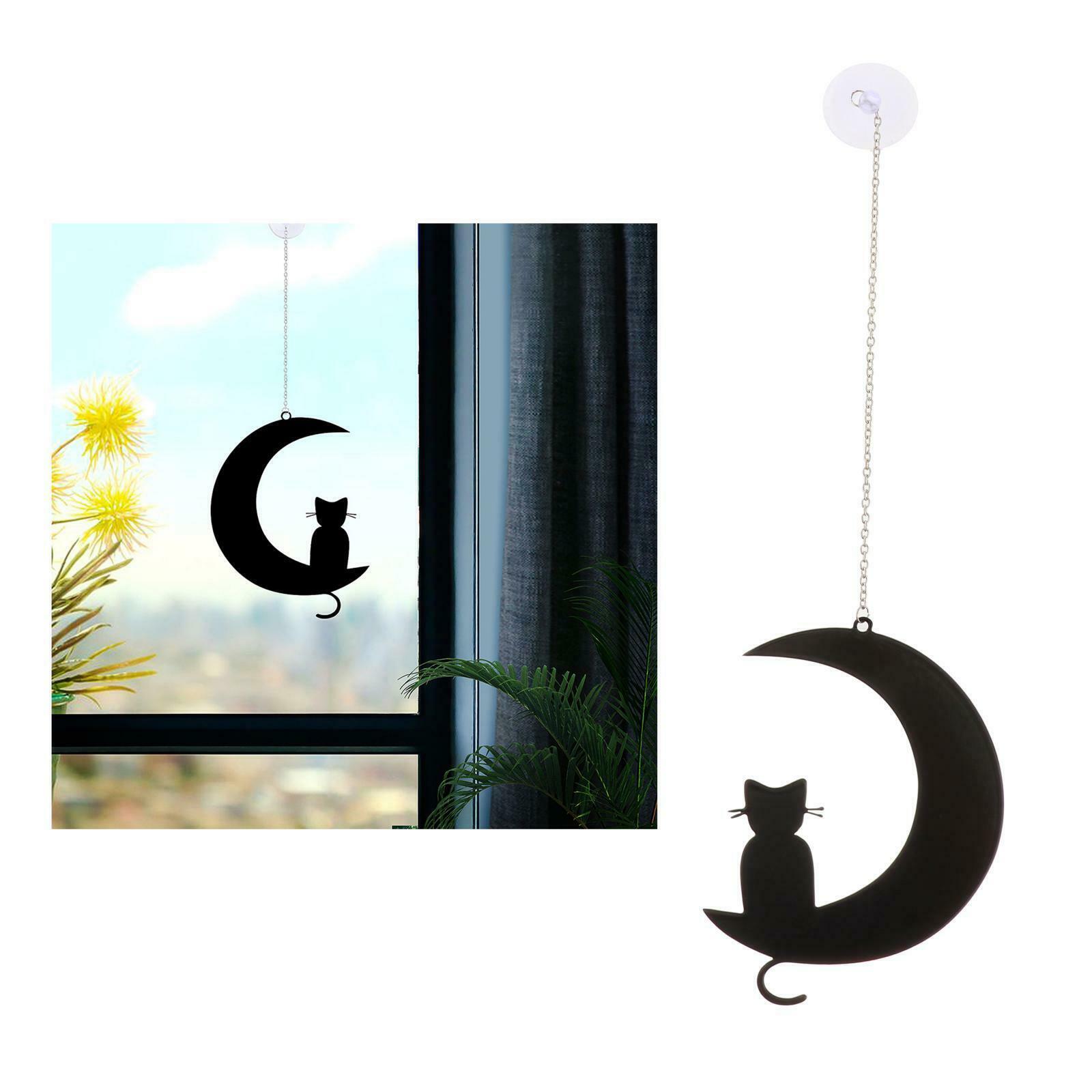 Iron Cat on The Moon Silhouettes Hanging Decor for Windows Wall Fence Garden