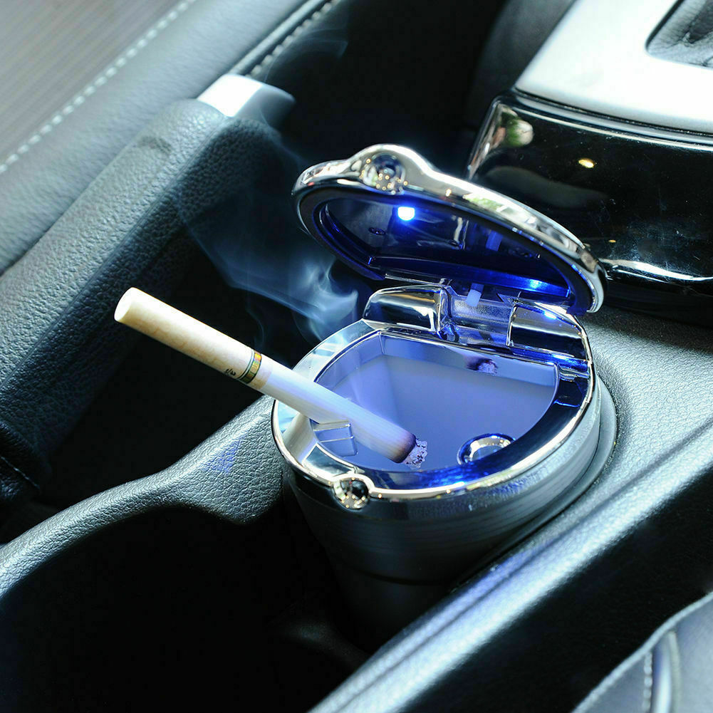 White Portable Stainless Auto Car Cigarette Ashtray Ash with Blue LED Light
