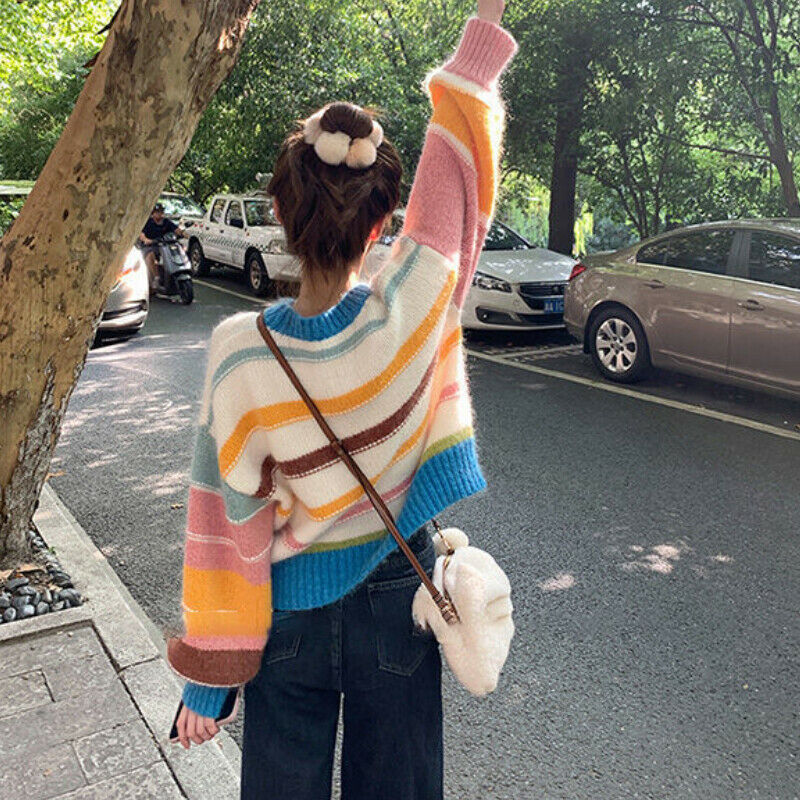 Women Faux Mohair Striped Sweater Jumper Preppy Knitwear Blouse Tops Pullover