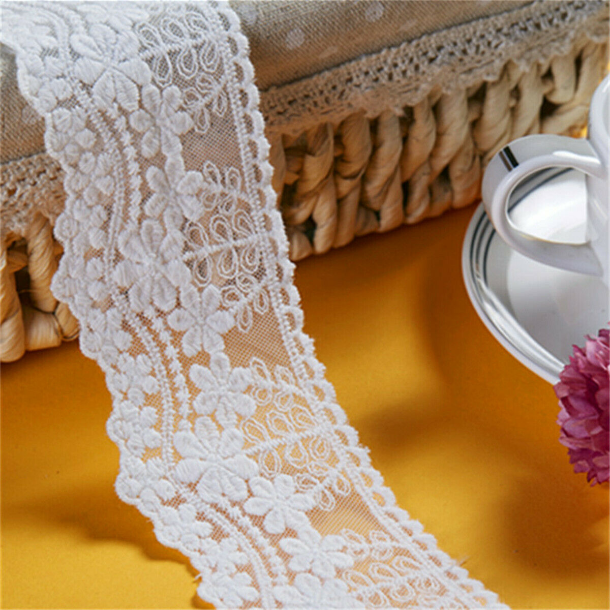 2 Yards White Lace Ribbon Tape Width 7MM Trim Fabric DIY Embroidered Lace